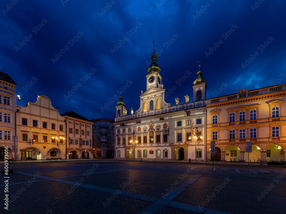 Baroque Town Hall in Ceske Budejovice at night. It is located on Premysl Otakar II Square and is part of the town's conservation area. Original Renaissance building was built in 16th century.