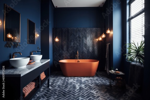 Stylish 3D Rendered Bathroom in Royal Blue Tones with a Freestanding Orange Bathtub  Designer Elements  and LED Lighting Enhancements.....
