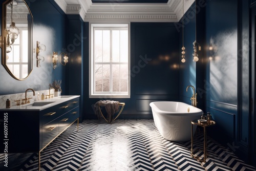 Elegant 3D Rendered Designer Bathroom in Royal Blue Tones Showcasing a Freestanding Tub and Modern LED Lighting..