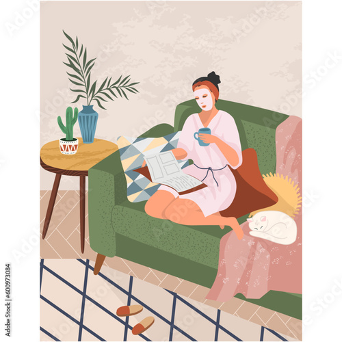 Woman apply cosmetic spa face mask and relax