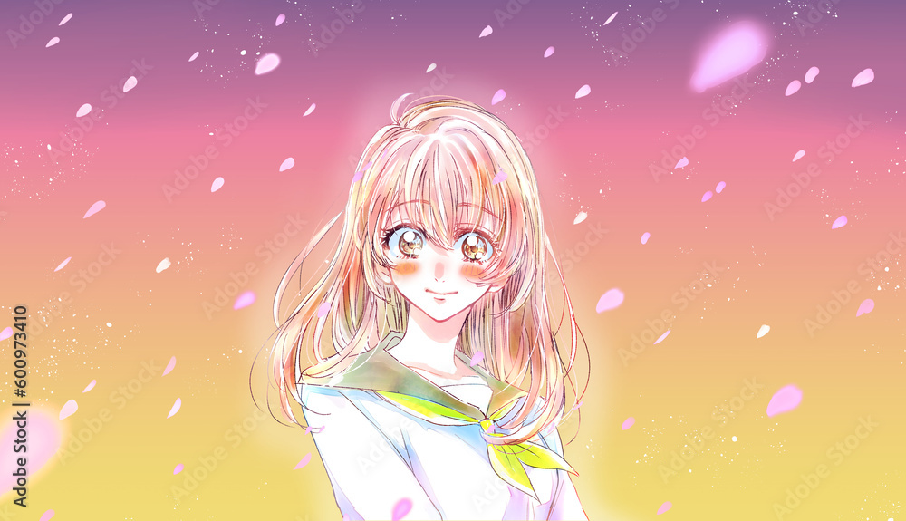 セーラー服の女子学生　笑顔　桜吹雪　夕暮れ　上半身