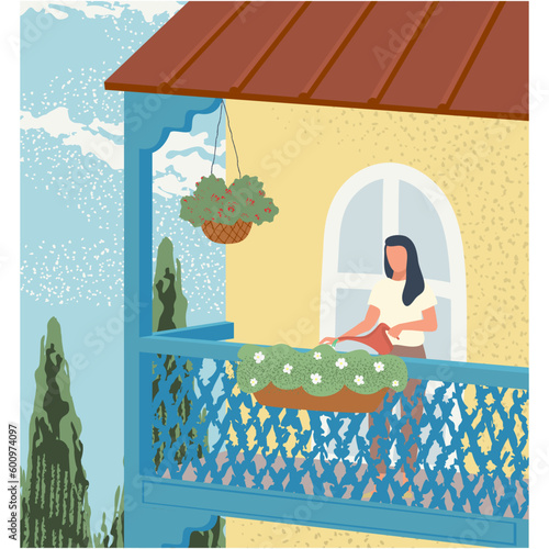 Woman watering flower on balcony vector cartoon