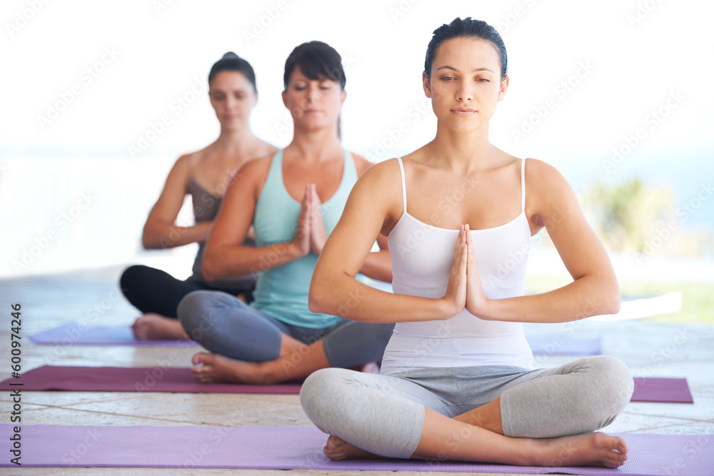 Peace, meditation class and woman with zen and yoga exercise outdoor with a pilates instructor. Spiritual, namaste and wellness of training, workout and fitness group feeling calm from meditating Peace, meditation class and woman with zen and yoga exercise outdoor with a pilates instructor. Spiritual, namaste and wellness of training, workout and fitness group feeling calm from meditating