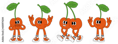 Fruit retro funky cartoon characters. Comic mascot of cherry with happy smile face, hands and feet. Groovy summer vector illustration. Fruits flower berries juicy sticker pack.