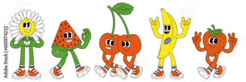 Fruit retro funky cartoon characters. Comic mascot of cherry strawberry banana watermelon flower with happy smile face, hands and feet. Groovy summer vector illustration. Fruits juicy sticker pack.