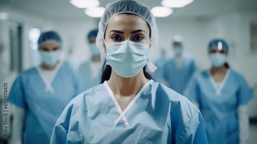 Krankenschwester mit Maske steht in einem sterilen Raum, Generative KI