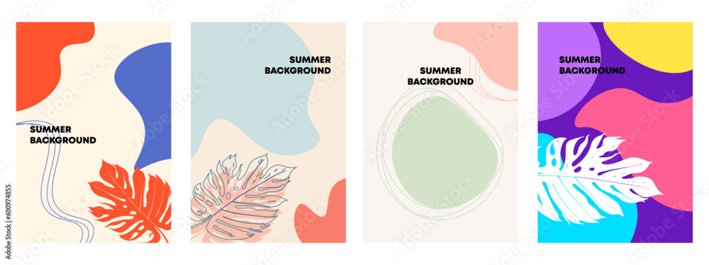 Set of summer background. Abstract Boho art with leaf, line and fluid wavy shapes. Templates for celebration, ads, branding, banner, cover, label, poster, sales
