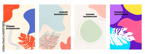 Set of summer background. Abstract Boho art with leaf, line and fluid wavy shapes. Templates for celebration, ads, branding, banner, cover, label, poster, sales