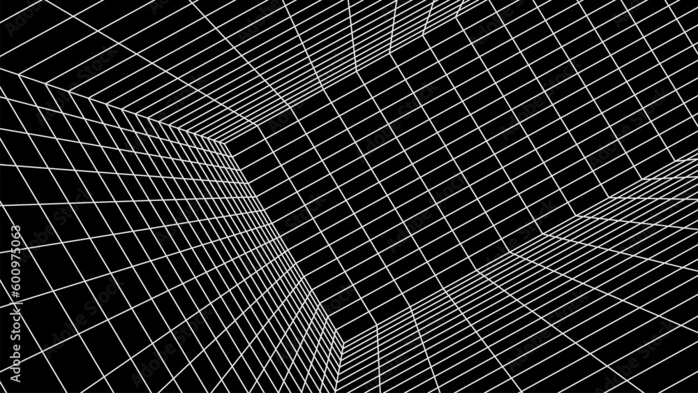Naklejka premium White 3d wireframe room on black background. Abstract perspective grid. Vector illustration.