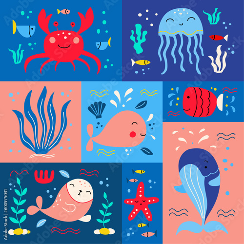 Graphic poster with cute funny sea animals. vector gaphics for prints on pillows mugs bags postcards. Bright summer illustration perfect for childrens parties.