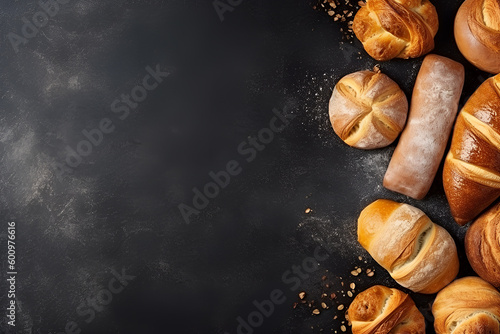 Bread, buns and bread rolls on black background, assortment of different types of breads on dark black chalkboard background from above, top view, flat lay, copy space, text space. generative ai