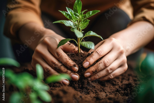 A close-up of the woman s hands as she carefully tucks a plant into the soil - Generative AI