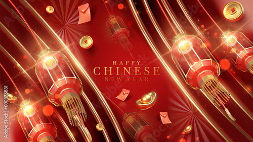 3d realistic chinese new year ornaments with light effect decorations and bokeh on red background. Vector illustration.