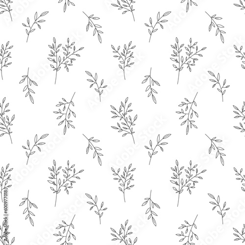 Leafy branch olive seamless pattern black line. Editable stroke vintage plant coloring book outline print tree twig bush floral textile home decor natural care cosmetic wallpaper web wrap backdrop