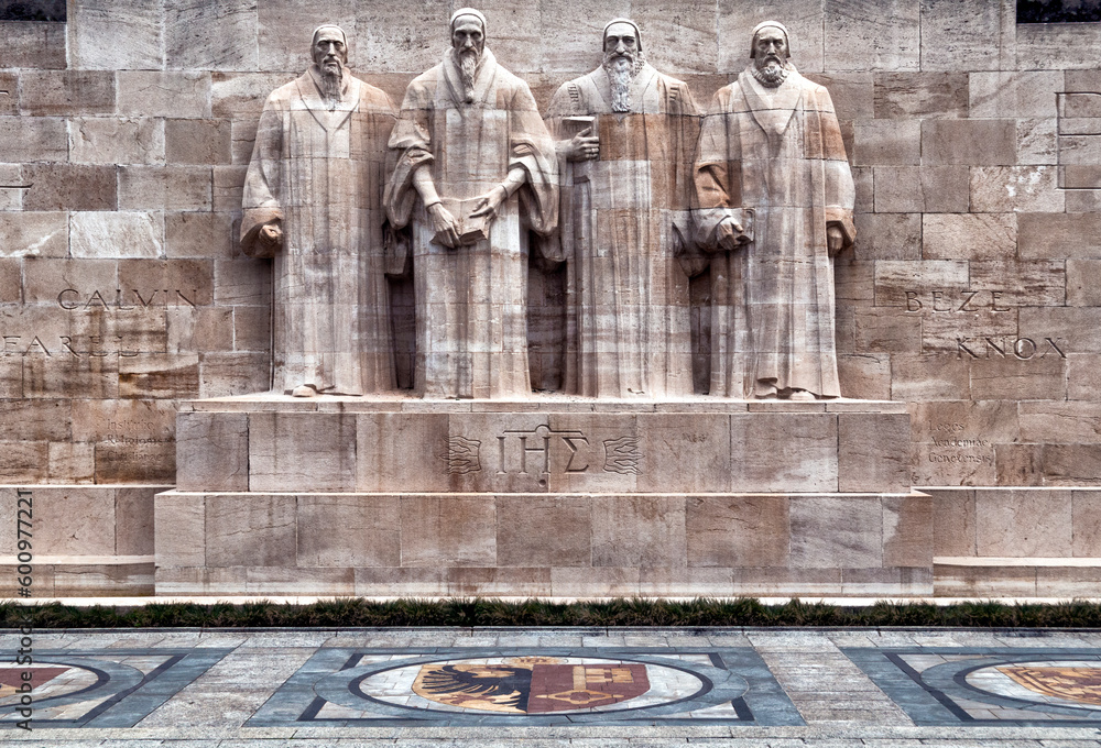 statues of prominent reformers - Calvin, Farel , Beze and Knox, reformation wall, Bastions park, Geneva, Switzerland, Europe - obrazy, fototapety, plakaty 