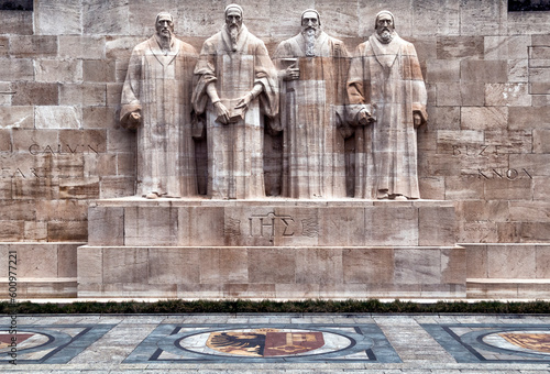 statues of prominent reformers - Calvin, Farel , Beze and Knox, reformation wall, Bastions park, Geneva, Switzerland, Europe photo