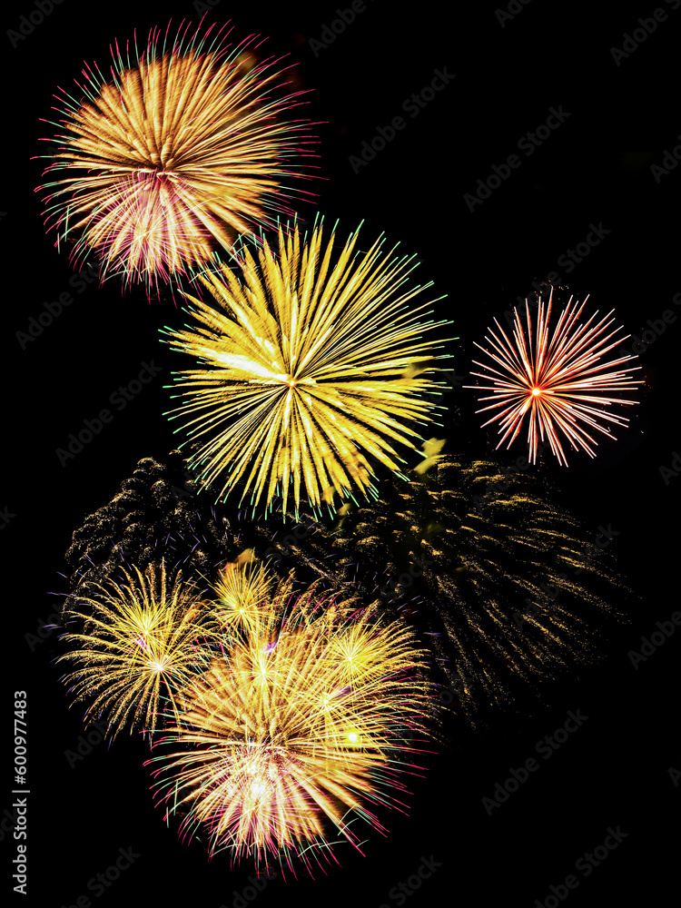 Multiple fireworks against the deep black sky. Bright display of the fireworks Multiple fireworks against the deep black sky. Bright display of the fireworks