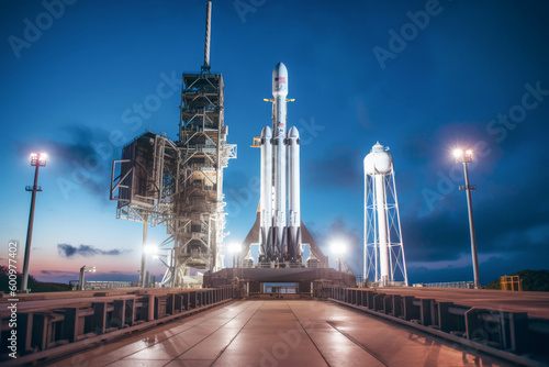 Generative Ai illustration of a Space X Falcon Heavy touching down in a controlled manner on landing pad