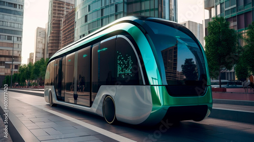 Generative Ai illustration of a Autonomous futuristic tram traveling through the city