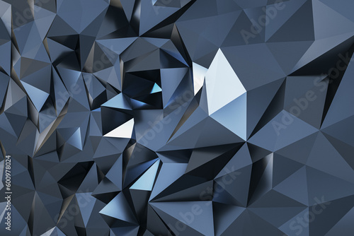 Perspective view on abstract dark grey and silver triangles wall in form of crystal background. 3D rendering