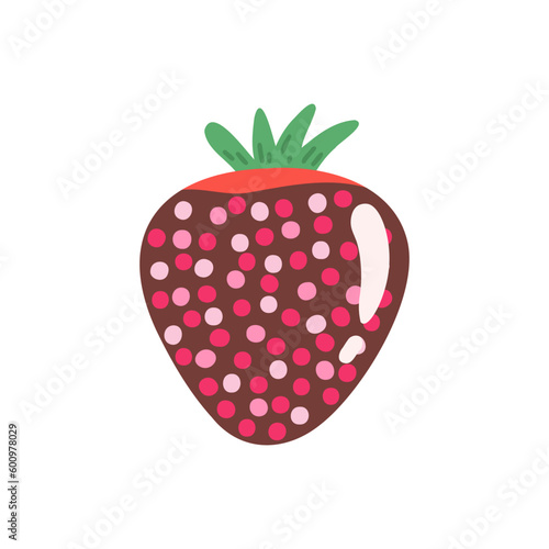 Strawberry in chocolate with topping. Vector Illustration for printing, backgrounds, covers and packaging. Image can be used for greeting cards, posters and stickers. Isolated on white background.