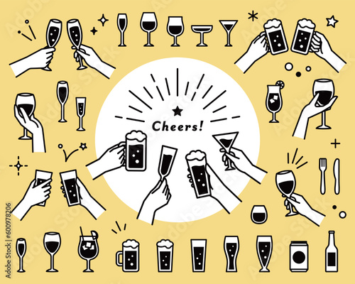 シンプルな乾杯・飲み会のイラストセット　お酒　アイコン　手　ビール　ワイン　グラス　アルコール