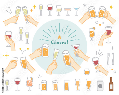 シンプルな乾杯・飲み会のイラストセット　お酒　アイコン　手　ビール　ワイン　グラス　アルコール