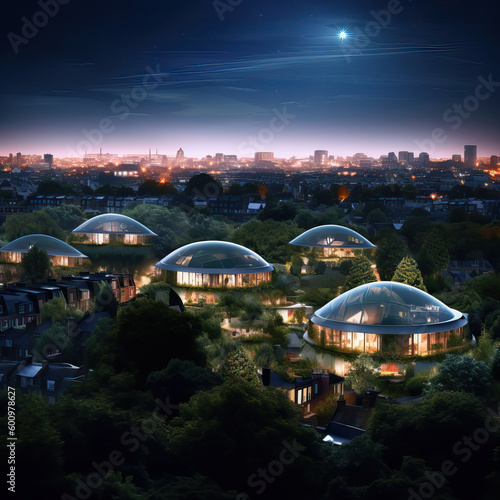 Cityscape at night in futuristic sustainable city with green spaces, Generative AI illustration