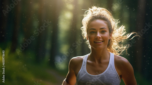 Attraktive junge Frau joggt im Wald, Generative KI