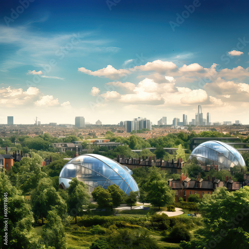 Cityscape in futuristic sustainable city with green spaces, Generative AI illustration #600978645