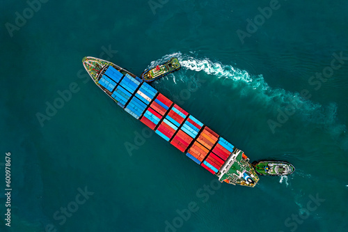 Aerial view container ship, logistic and transportation.