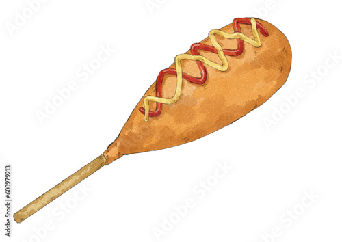 マスタードとケチャップのついたアメリカンドッグのイラスト（水彩風）
