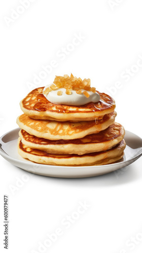 Delicious puff cottage cheese pancakes with sour cream, isolated on a white background, generative AI
