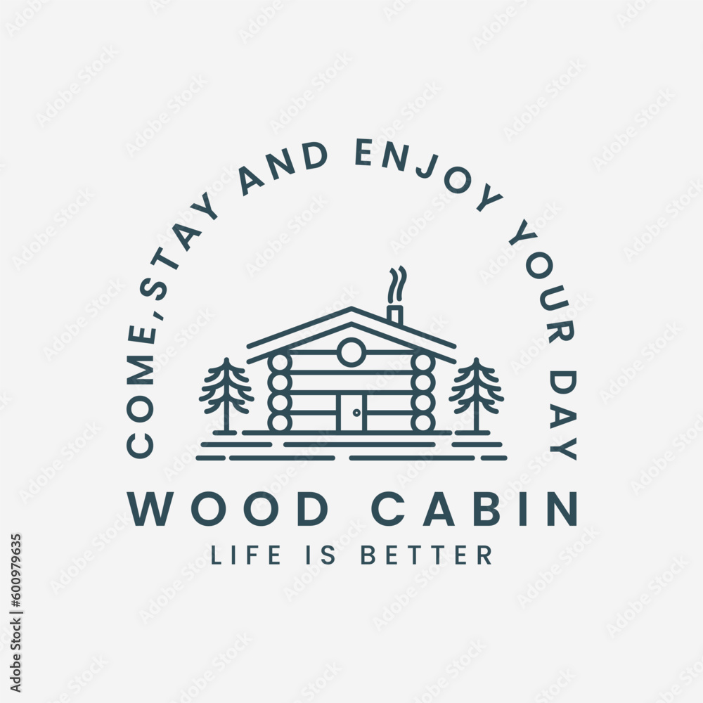 wood cabin line art vector logo template illustration design, house with pine tree icon logo design