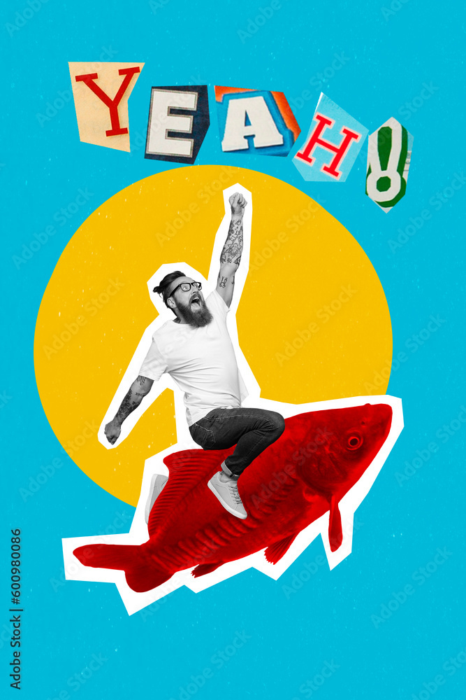Vertical creative collage image of excited funny funky male riding big golden fish have fun scream yeah fisher healthy nutrition - obrazy, fototapety, plakaty 
