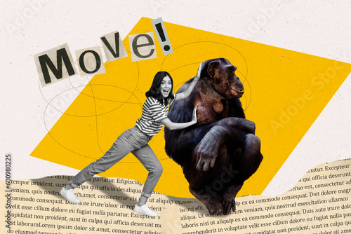 3d retro abstract creative artwork template collage of young female pushing try move animal monkey pet primate wild zoo text read page photo