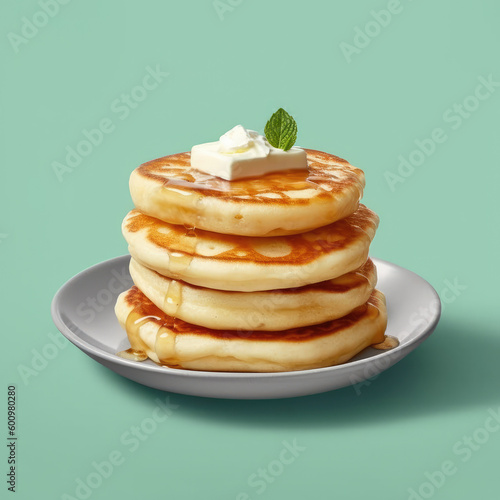 Delicious puff cottage cheese pancakes with honey, isolated on a gradient background, generative AI