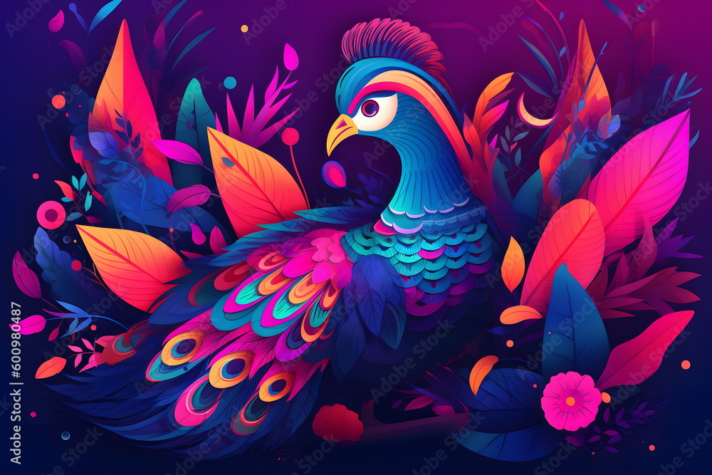 Colorful bird sitting on top of lush green plant covered in leaves. Generative AI.