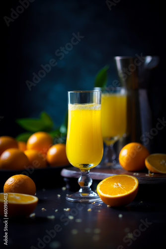Glass of orange juice next to glass of orange juice on table. Generative AI.