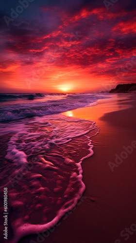 Colorful sunset over the beach with ocean waves. Generative AI © piai