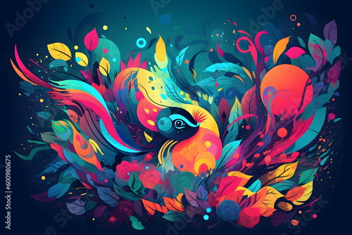 Image of colorful bird on blue background with lots of flowers. Generative AI. © valentyn640