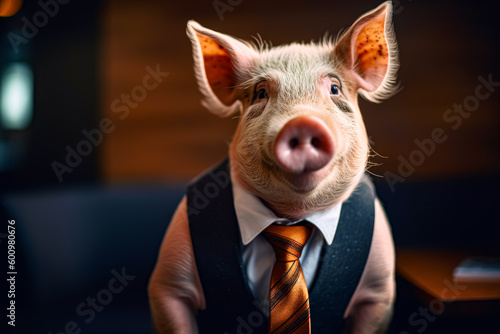 Pig wearing tie and vest with tie on it's neck. Generative AI.