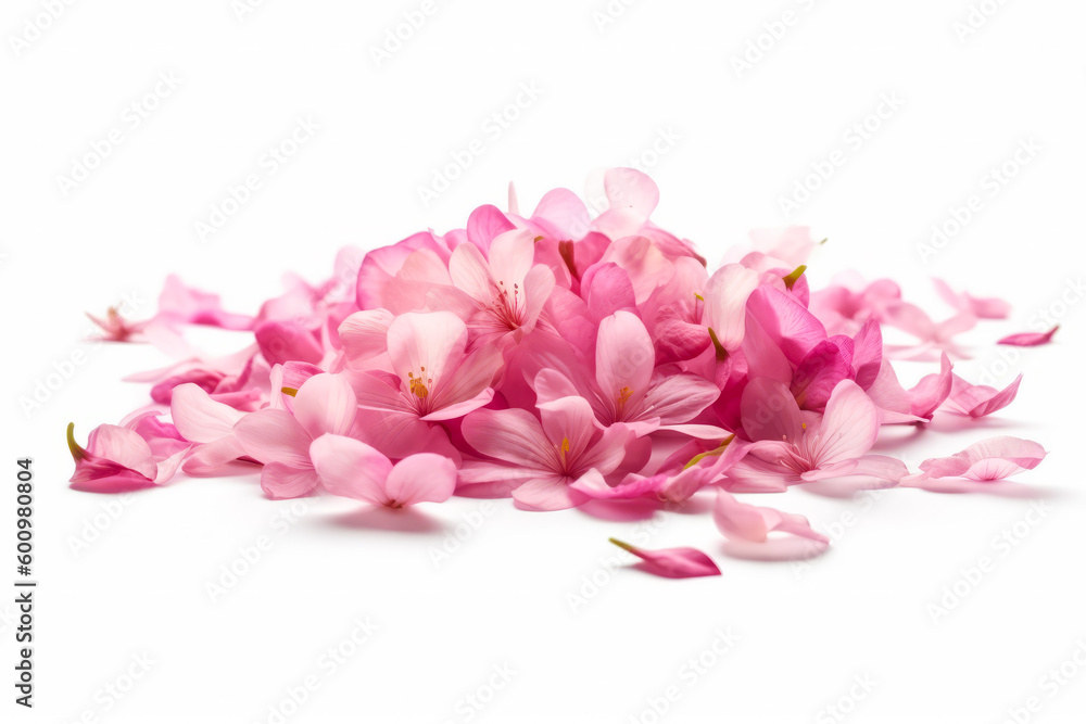 Pile of pink flowers on white surface with petals scattered around it. Generative AI.