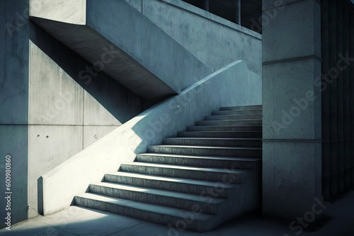 Set of stairs leading up to building with concrete walls and concrete steps. Generative AI.