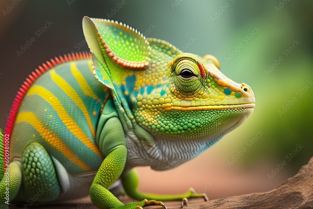 Obraz premium Green colored chameleon close up. Generative AI.