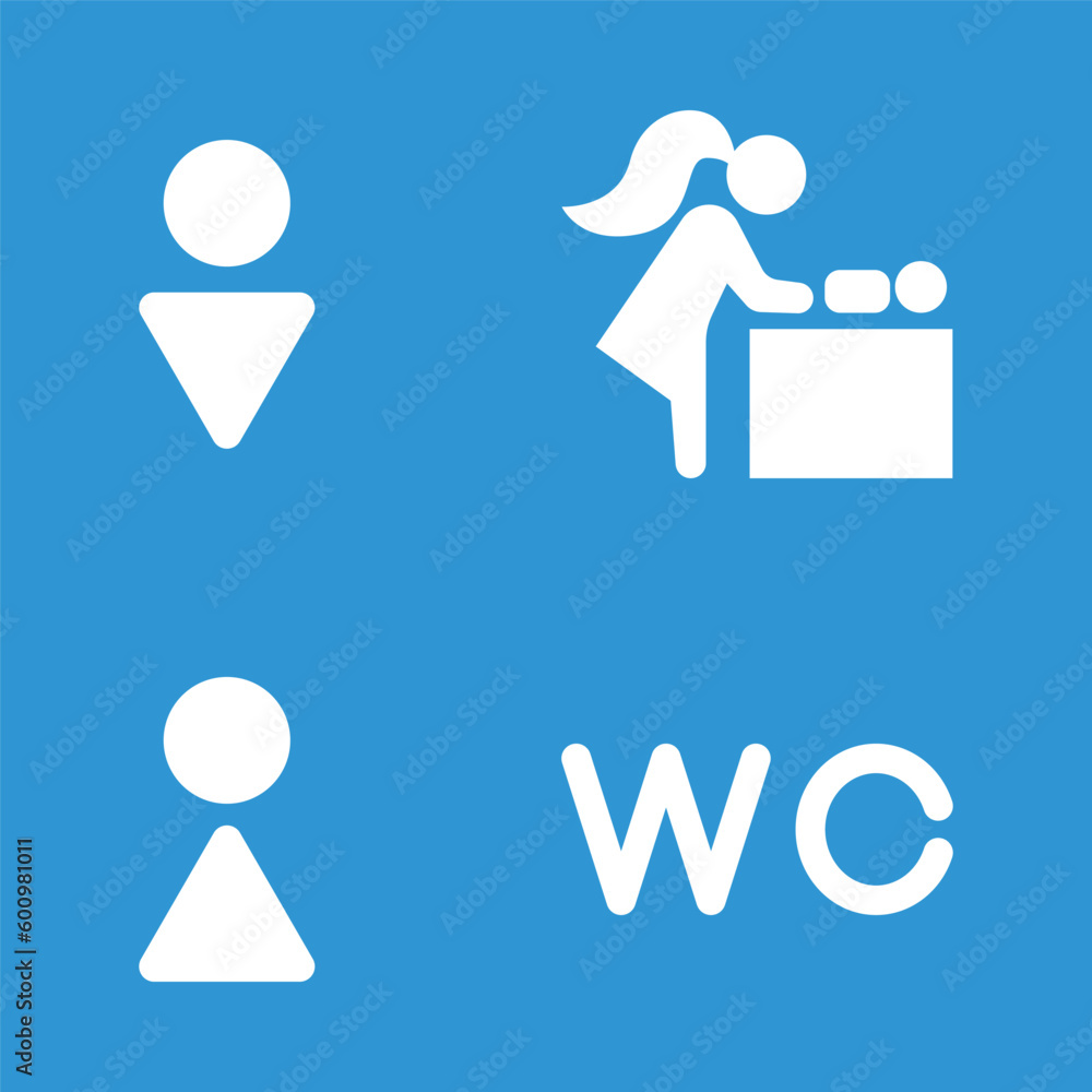 Washroom icon. collection of 4 washroom filled icons such as baby changing room, wc, male wc. editable washroom icons for web and mobile. Washroom icon. collection of 4 washroom filled icons such as baby changing room, wc, male wc. editable washroom icons for web and mobile.