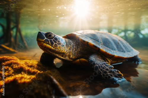 Turtle swimming in the water with sunlight shining on it's back. Generative AI.