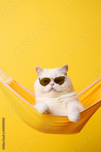 White cat wearing sunglasses laying in hammock on yellow background. Generative AI.
