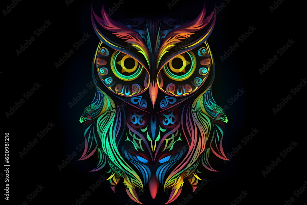 Colorful owl with big eyes on black background with black background. Generative AI.
