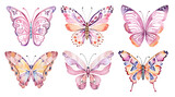 Watercolor colorful butterflies, isolated on white background. Pink and yellow butterfly spring illustration.